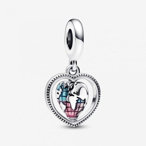 Pandora  - Forgó szív földgömb ezüst charm