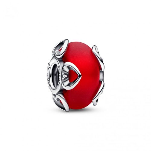 Pandora  - Fagyos piros muranói üveg és szívek charm